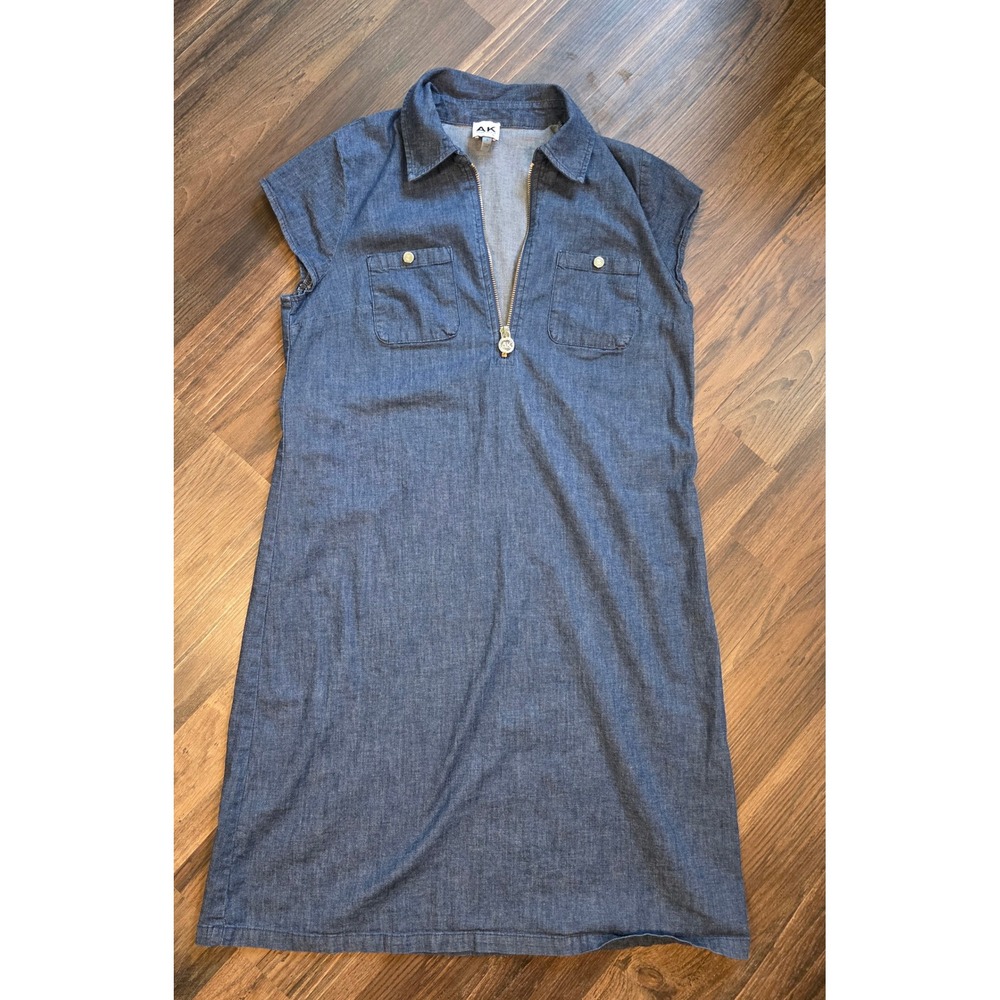 Anne Klein Denim Shift Dress Blue Half Zip Collared Womens 4 preppy granola - Picture 2 of 11